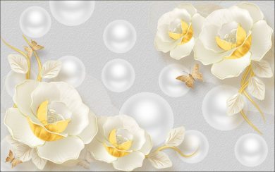 گل های سفید و طلایی سه بعدی با گوی های نقره ای
