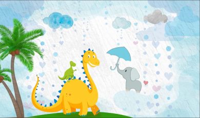 نقاشی زیبای دایناسورهای بازیگوش در هوای بارانی