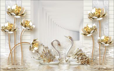شنای قوهای پر طلایی در کنار گلهای سفید و طلایی