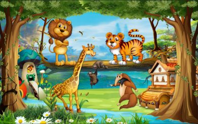 طرح کودکانه زیبا از حیوانات بازیگوش جنگل در کنار هم