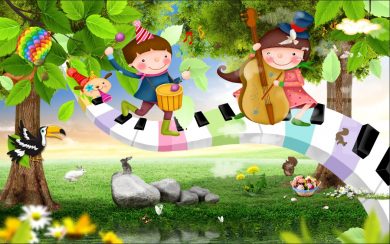 پیانو نوازی و ویولون نوازی شاد کودکان بر روی درختان