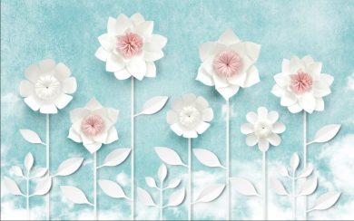 گلهای کاغذی سفید رنگ فانتزی با زمینه آبی فیروزه ای