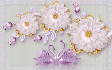 قوهای یاسی در زیر گل های سفید با تزئینات طلایی