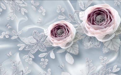 گلدوزی زیبای پس زمینه با گلهای توری سفید و بنفش