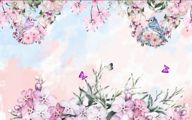نقاشی آبرنگ از گل های رنگارنگ و بلبل
