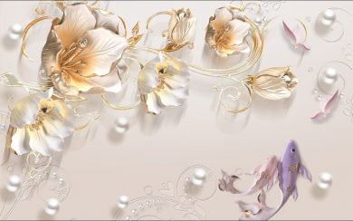 گل های سفید و طلایی جواهرنشان در پس زمینه ی یاسی مروارید دار