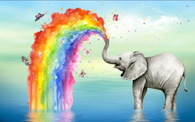 نقاشی آبرنگ فیل خوشحال و آب رنگین کمانی