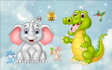 پوستر کودکانه دایناسور و فیل در میان دوستان