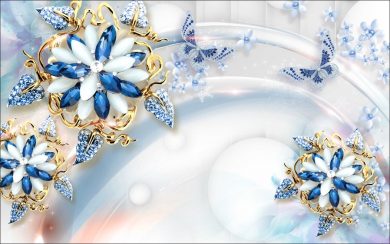 پوستر سه بعدی گل های جواهری سفید و آبی رنگ