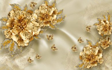 گل های طلایی با برگ های جواهری بر روی پارچه ساتن