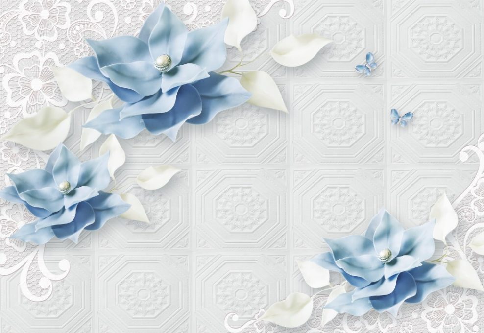 پوستر سه بعدی گل آبی با پس زمینه هشت ضلعی و توری