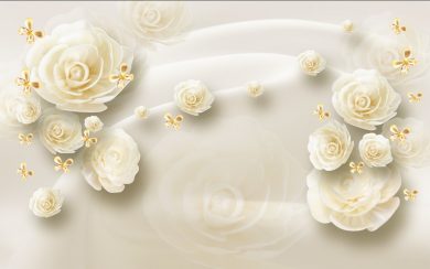 رزهای سفید قرار گرفته بر روی پارچه و پروانه های طلایی