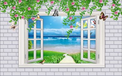 پنجره ی رو به دریا با دیوار آجری و رزهای روییده در بالای آن