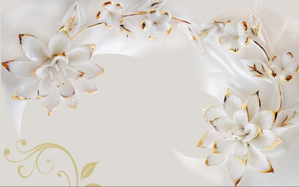 کاغذ دیواری گل چینی سفید و طلایی با پس زمینه ی سفید