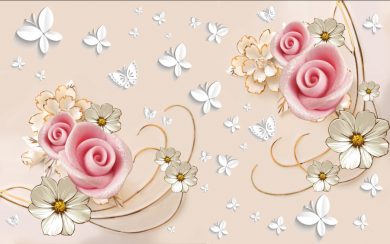 طرح رزهای صورتی و گل و پروانه های سفید با پس زمینه گلبهی