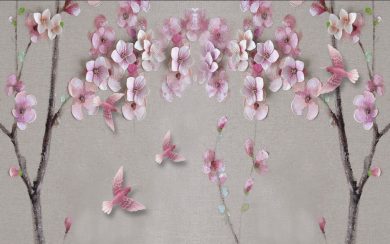 نقاشی آبرنگی شکوفه های گیلاس با پرنده های صورتی