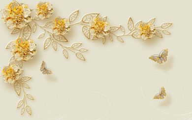 شاخه گل جواهرنشان و پروانه های طلایی سه بعدی