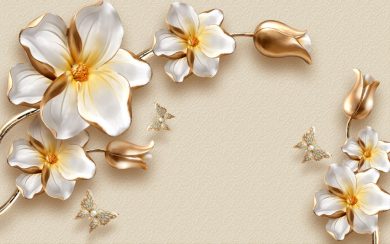 گل مگنولیا سفید و طلایی سه بعدی و پروانه های جواهری