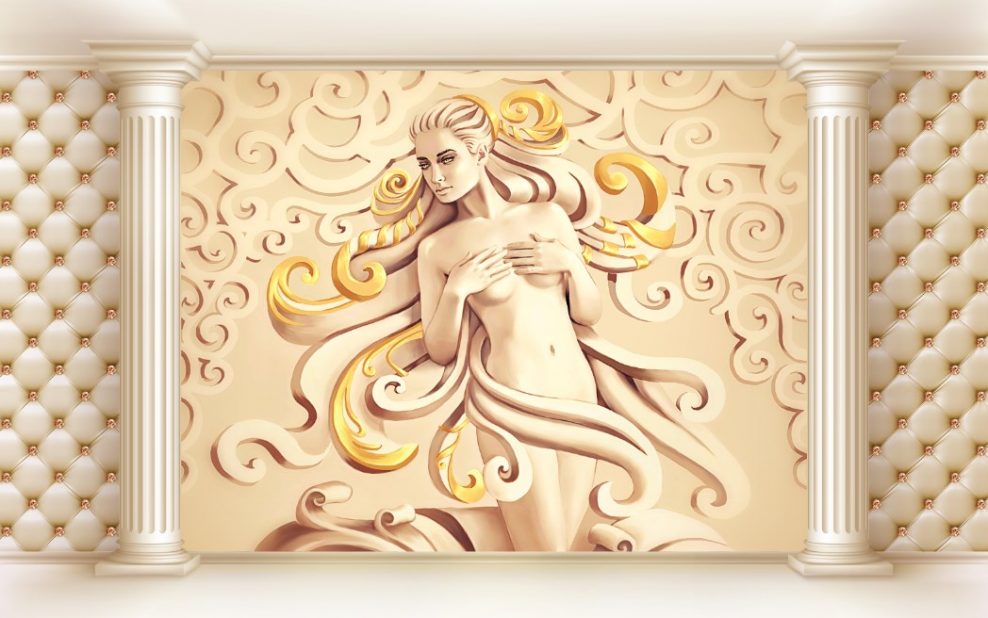 زنی با موهای طلایی درمیان دو ستون و دیوار لمسه ای