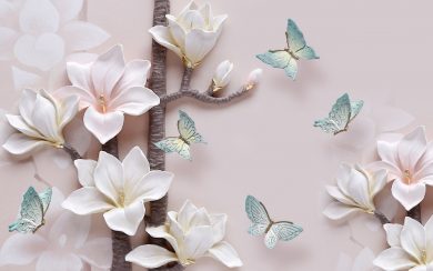 پرواز پروانه های آبی در اطراف شکوفه های سفید رنگ