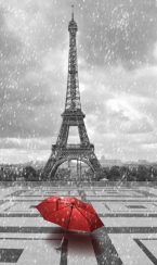 چتر قرمز در روز بارانی با نمای برج ایفل